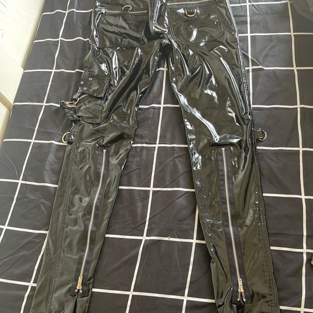 Black Vinyl Tripp NYC Bondage Pants with Zipper Details No Straps